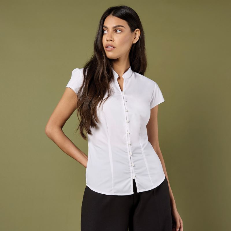 Popeline Bluse mit Maokragen kurzarm Kustom Kit | KK 727